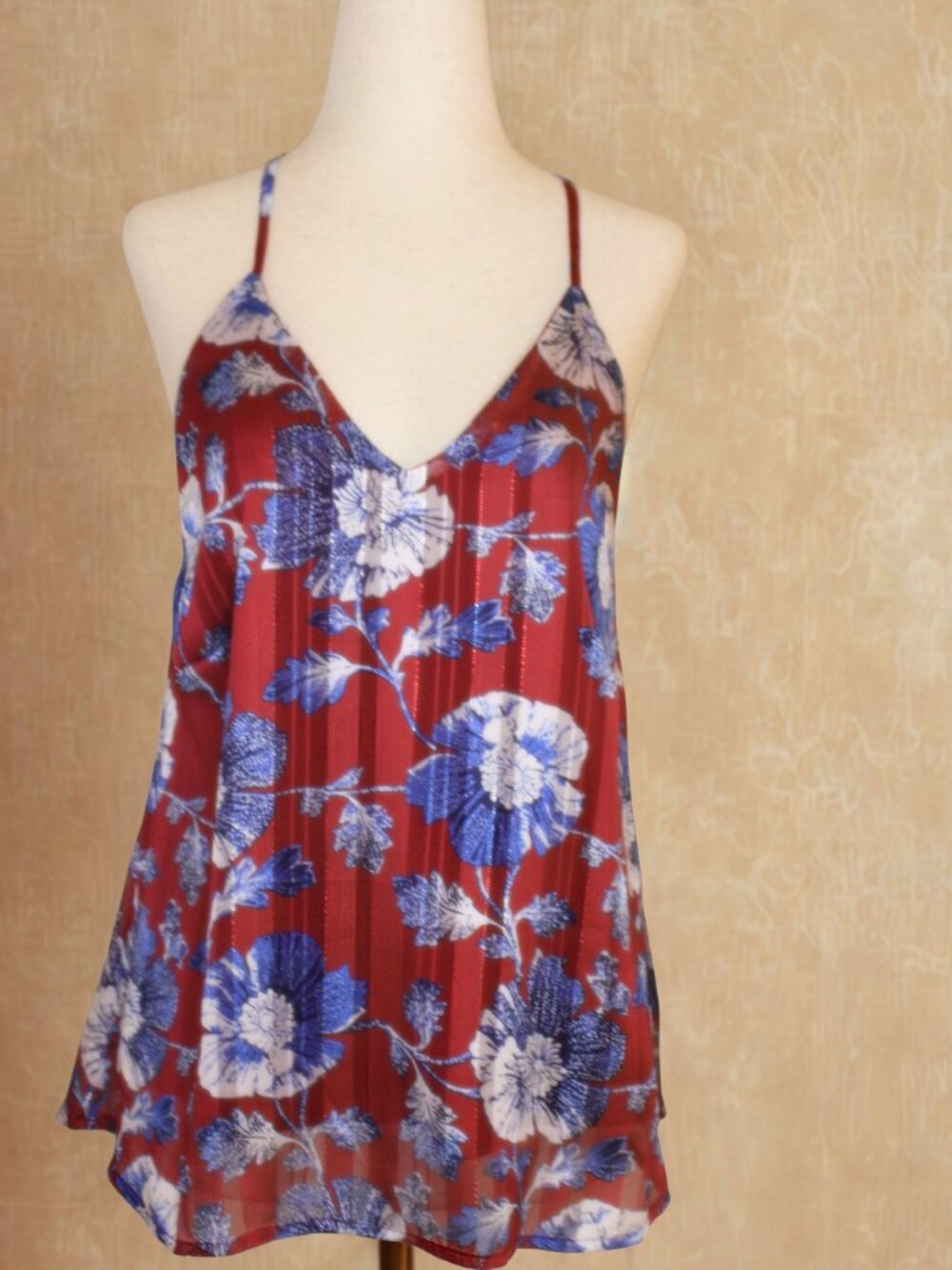 Miduo Red & Royal Blue Floral Lurex Striped V-Neck Cami Tank Top